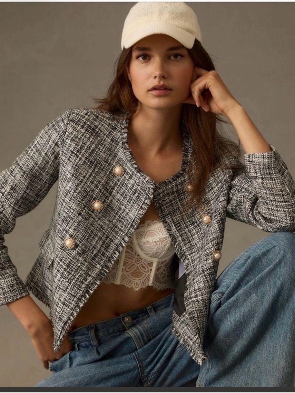 Maeve Black & White Tweed Cropped Pearl-Button Jacket